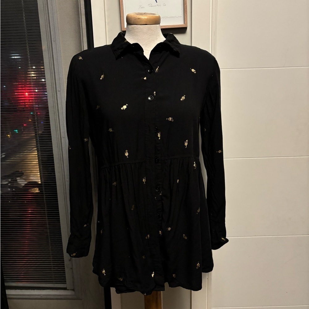 Black Button-Up Blouse with Gold Accents